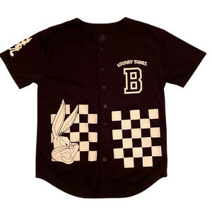 WB Looney Tunes Bugs Bunny Varsity Jersey Button Down Black/White Checkerboard M